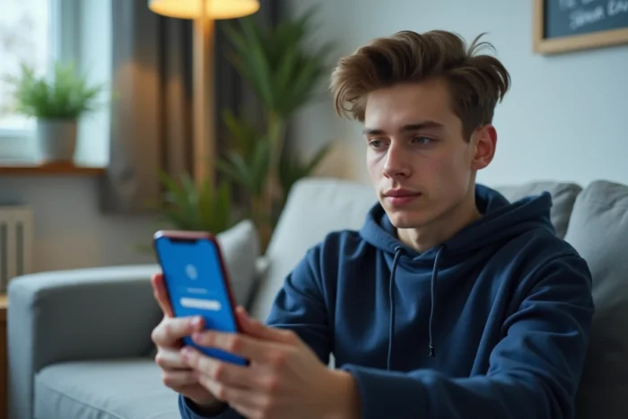Jeune adulte consultant un message d'erreur de connexion sur son smartphone dans un salon moderne