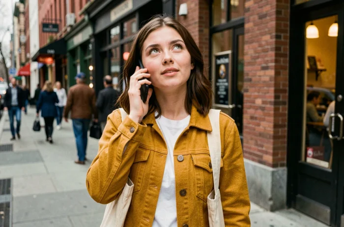 Jeune femme appelant une station de radio depuis son smartphone dans une rue de la ville