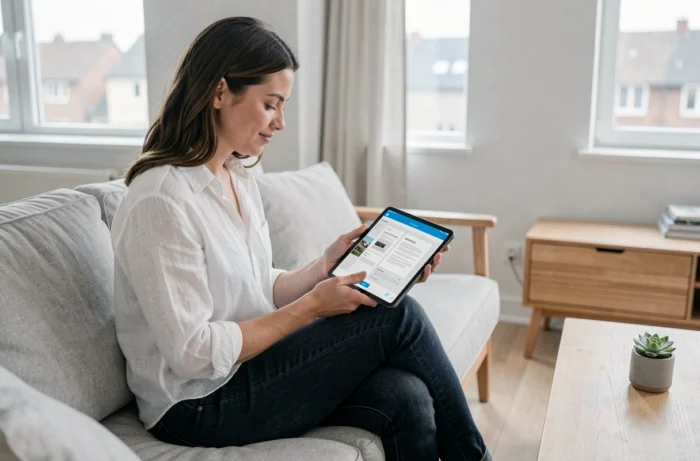 Jeune femme organisant et sécurisant ses documents personnels en ligne via une tablette depuis son salon dans un appartement moderne