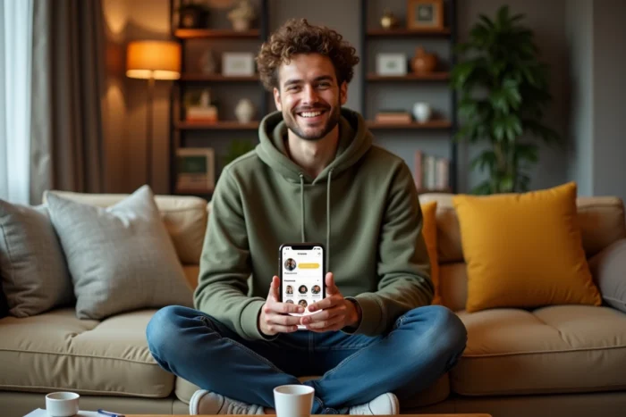 Jeune homme consultant l'application mobile Rabitfinder depuis son canapé à la maison, explorant les fonctionnalités de recherche et de mise en relation