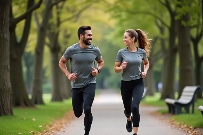 Deux personnes faisant du jogging ensemble dans un parc verdoyant de Cholet, rencontre lors d'un club de course à pied