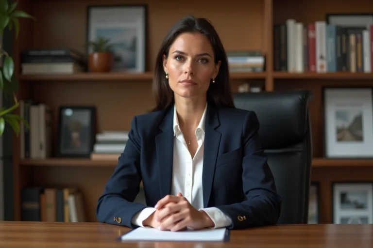 Femme journaliste professionnelle assise à un bureau éditorial, regard confiant, style sobre et élégant