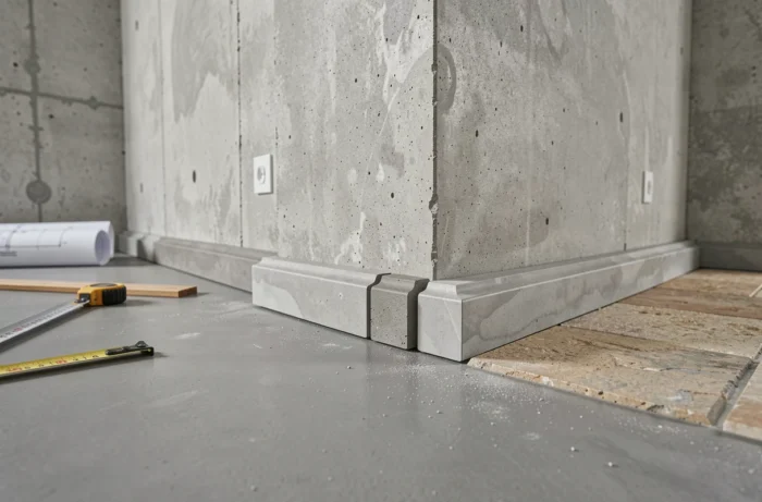 Comparaison de plinthes en béton ciré de différentes largeurs et épaisseurs installées le long d'un mur en béton brut dans un intérieur minimaliste