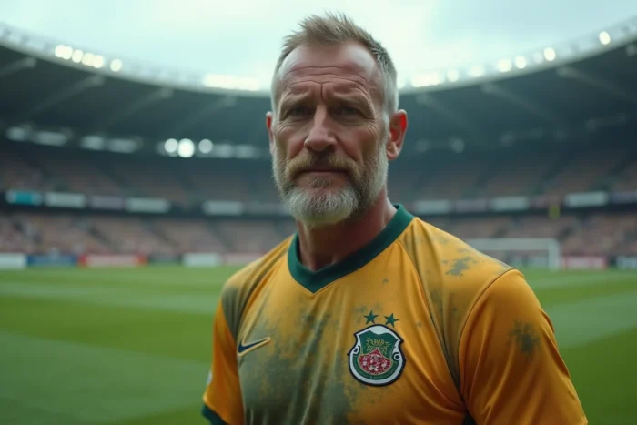 Athlète légendaire en maillot iconique sur le terrain d'un grand stade vide, regard déterminé et fier évoquant une carrière exceptionnelle dans le sport