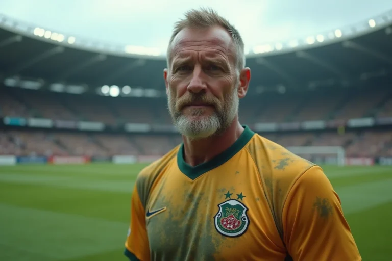 Athlète légendaire en maillot iconique sur le terrain d'un grand stade vide, regard déterminé et fier évoquant une carrière exceptionnelle dans le sport
