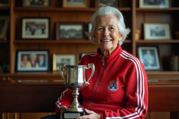 Ancienne championne tenant un trophée historique dans une salle de palmarès sportif, entourée de photos et souvenirs illustrant les grandes légendes du sport
