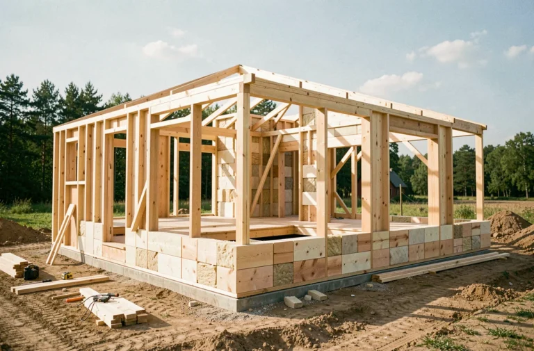 Maison Gablok en cours de construction avec blocs de bois isolants empilés sur un terrain suburban
