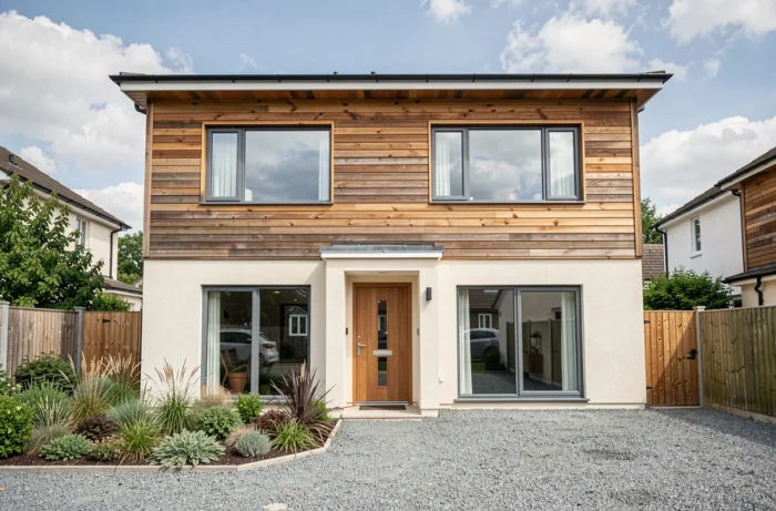 Maison Gablok terminée vue de l'extérieur avec façade en bois et enduit et jardin aménagé