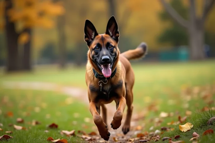 Malinois belge actif courant en liberté dans un parc en automne, illustrant la vitalité après stérilisation