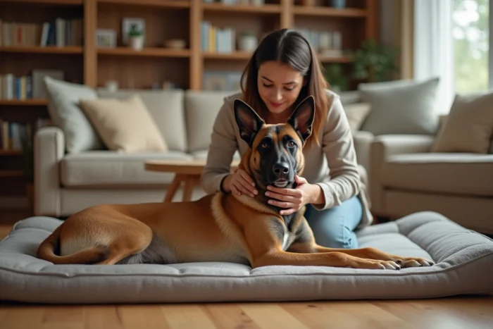 Chienne Malinois en convalescence après stérilisation portant une collerette élisabéthaine, soignée par sa maîtresse à la maison
