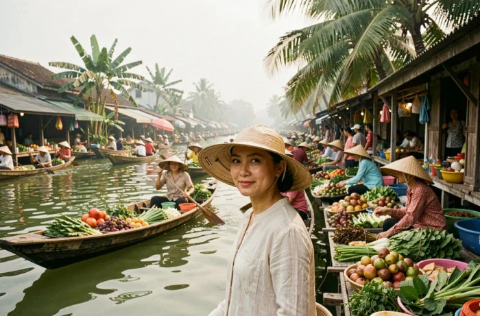 Femme explorant un marché flottant traditionnel au Vietnam entourée de bateaux colorés chargés de fruits tropicaux