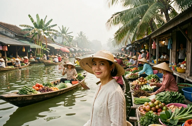 Femme explorant un marché flottant traditionnel au Vietnam entourée de bateaux colorés chargés de fruits tropicaux