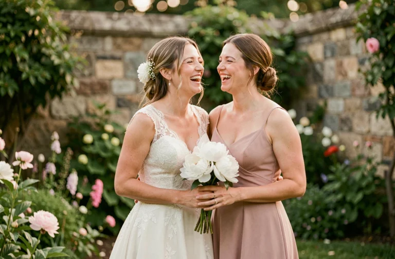 Mariée et demoiselle d'honneur souriantes dans un jardin, robes de cérémonie élégantes en rose et ivoire