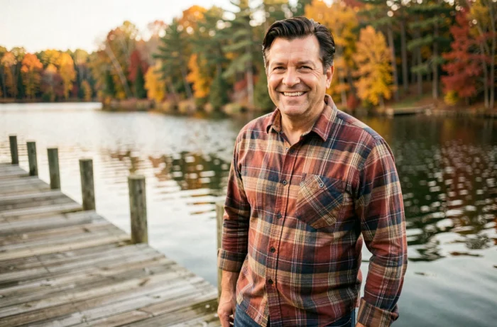 Portrait d'un homme d'âge moyen souriant près d'un lac en automne, évoquant la vie familiale et le patrimoine de Marty Lagina