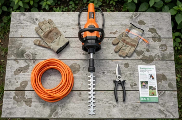 Vue de dessus du matériel complet pour utiliser un taille-haie électrique en toute sécurité au jardin