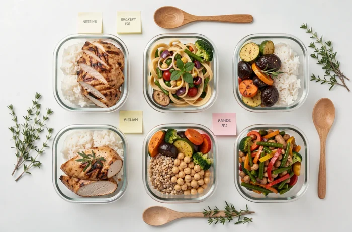 Meal prep de la semaine avec cinq repas équilibrés dans des contenants en verre sur une table blanche