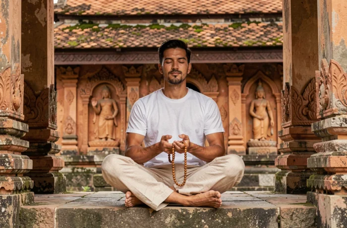 Homme méditant sur les marches d'un temple bouddhiste ancien à Chiang Mai en Thaïlande