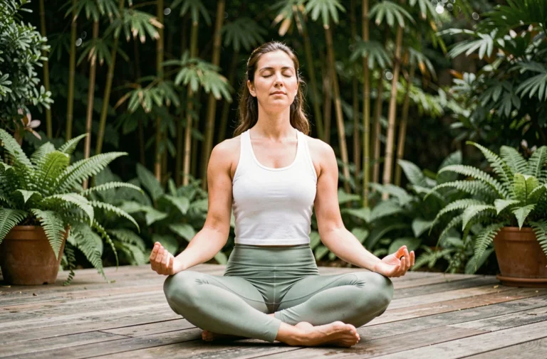 Femme pratiquant la méditation yoga sur une terrasse en bois entourée de verdure pour un équilibre bien-être