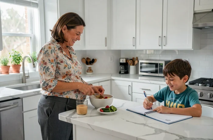 Mère enceinte préparant un repas dans la cuisine pendant que son fils fait ses devoirs, scène de vie quotidienne familiale