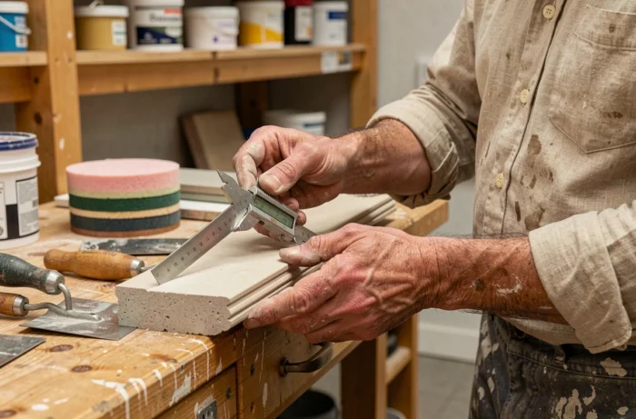 Artisan mesurant l'épaisseur d'une plinthe en béton ciré avec un pied à coulisse dans un atelier professionnel