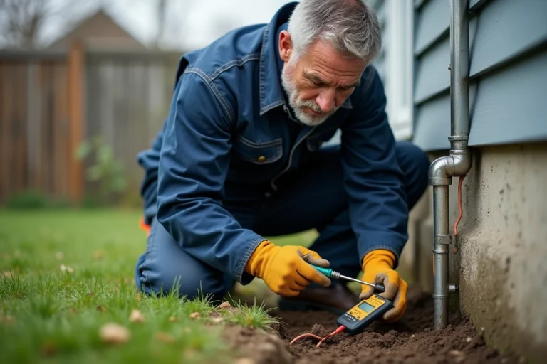 Électricien inspectant une prise de terre extérieure avec une sonde de test analogique près d'un piquet de terre en cuivre enfoncé dans le sol