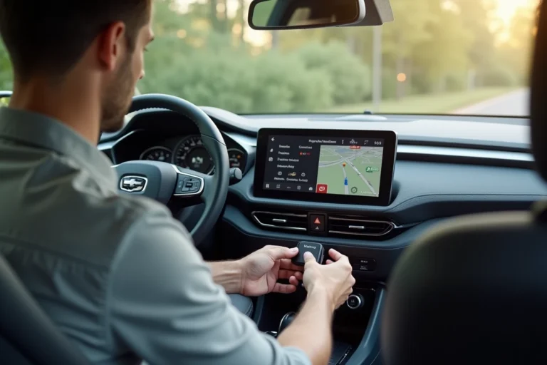 Conducteur insérant une clé USB dans la console centrale d'un Citroën C3 Aircross pour mettre à jour le GPS
