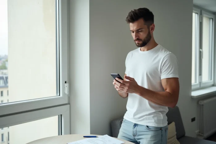 Jeune homme vérifiant ses informations bancaires sur son téléphone avant de les modifier sur Free Mobile