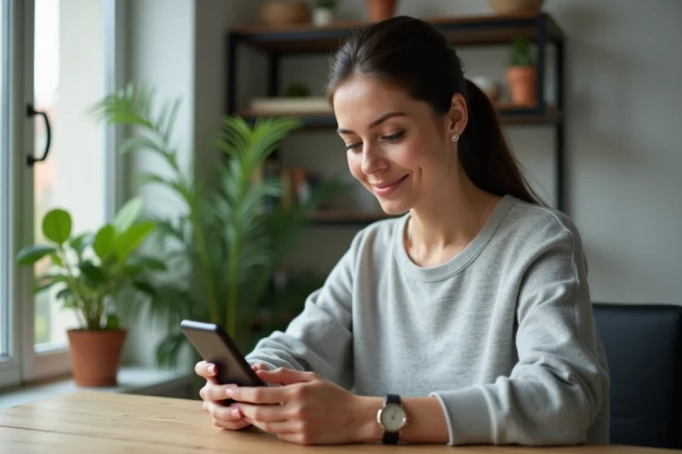 Femme consultant son smartphone pour modifier ses coordonnées bancaires sur l'application Free Mobile