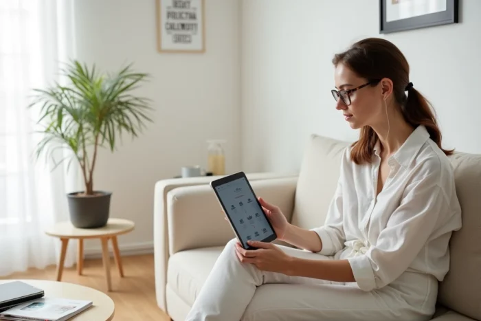 Jeune femme consultant un plan de navigation de site web sur tablette dans un salon scandinave