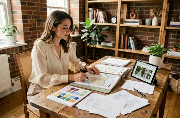 Jeune femme organisant son mariage avec un plan de site imprimé et une tablette affichant un site web de mariage sur un bureau en bois rustique