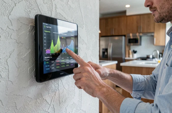 Panneau de contrôle intelligent pour chauffage connecté affichant des données de consommation énergétique sur écran tactile