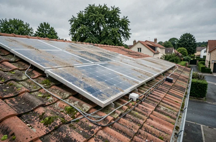 Panneaux solaires résidentiels dégradés sur un toit de maison française illustrant les problèmes techniques liés à l'affaire Cap Soleil Energie