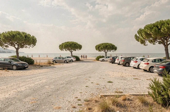 Parking gratuit en gravier près de la plage de Marina di Pisa avec des voitures garées sous les pins