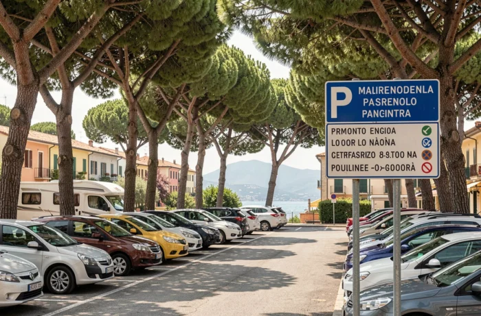 Parking public organisé sous les pins à Marina di Pisa avec signalisation en bord de mer