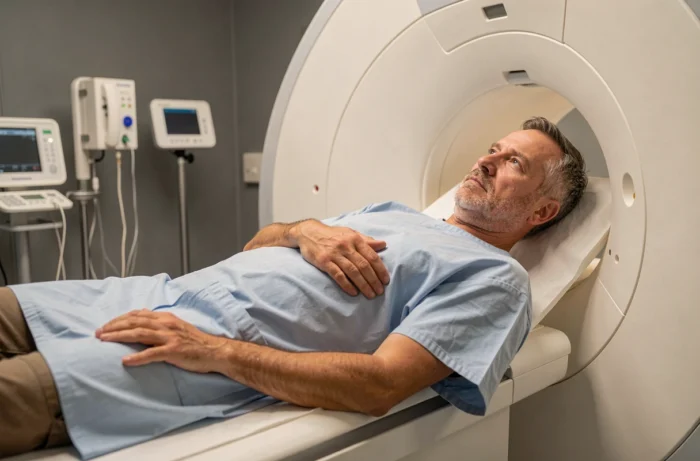 Patient allongé sur la table d'un appareil IRM avant un examen pelvien en milieu hospitalier