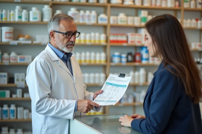 Pharmacien conseillant une cliente sur les contre-indications d'un traitement capillaire en pharmacie
