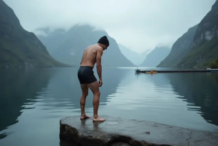 Homme en maillot de bain sur un rocher plat au bord d'un fjord norvégien profond s'apprêtant à plonger dans l'eau froide