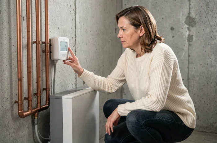 Femme inspectant un thermostat numérique d'une pompe à chaleur économique dans une chaufferie moderne