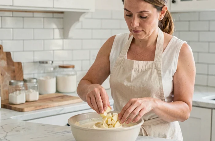 Femme préparant la pâte du gâteau au yaourt pomme dans une cuisine moderne, incorporant des morceaux de pomme dans un saladier en céramique