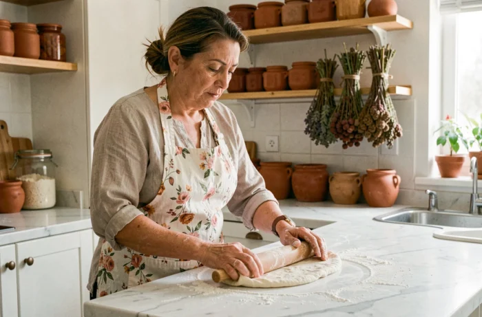 Femme tunisienne expérimentée préparant la pâte à rechta à la main sur un plan de travail en marbre dans une cuisine familiale chaleureuse avec des épices artisanales en arrière-plan