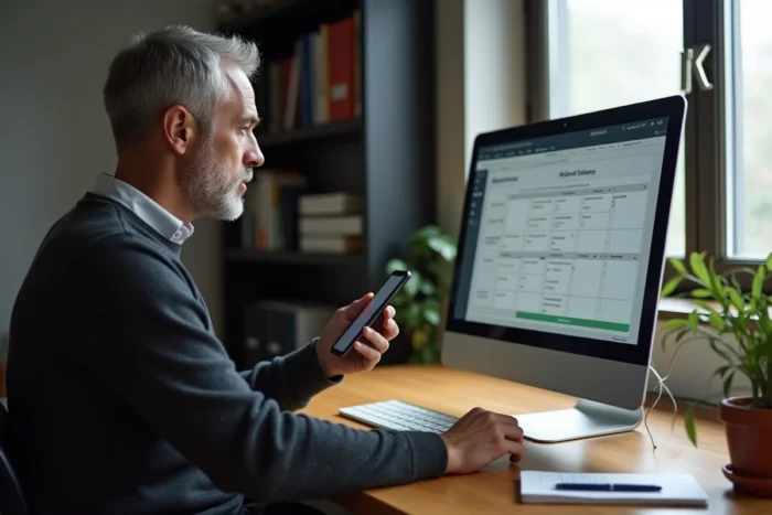 Homme prenant rendez-vous en ligne sur France Travail depuis son bureau à domicile