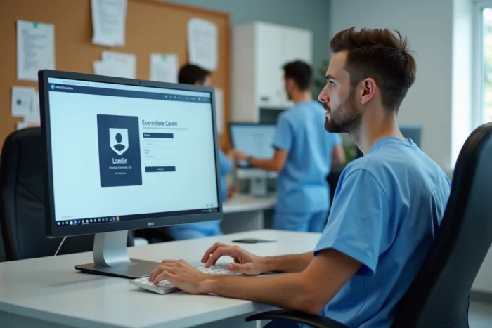 Professionnel de santé en blouse médicale accédant à l'espace Netsoins sur un ordinateur de bureau dans un bureau administratif clinique