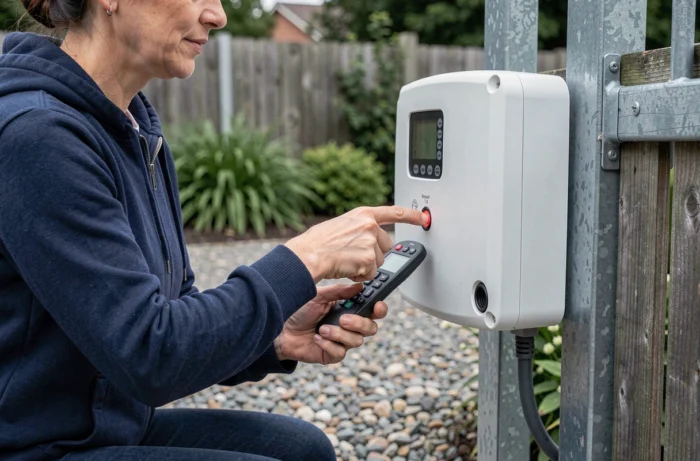 Femme appuyant sur le bouton de programmation du boîtier moteur de portail pour synchroniser une télécommande