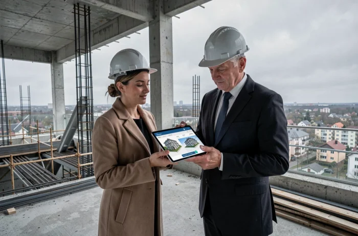 Deux promoteurs immobiliers consultant un logiciel de simulation de coûts sur tablette dans un bâtiment en construction