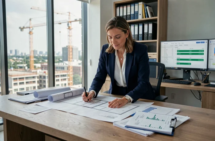 Promotrice immobilière analysant des plans et des tableaux de coûts sur un bureau avec logiciel de gestion immobilière en arrière-plan