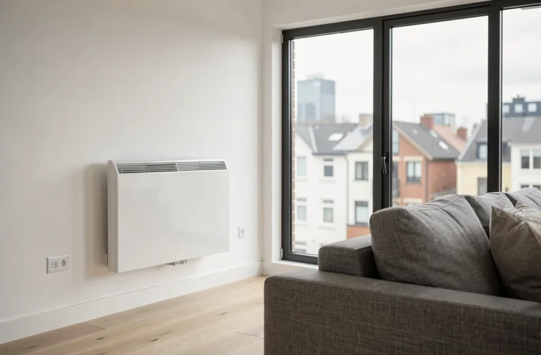 Radiateur électrique à inertie mural dans un salon moderne et minimaliste avec parquet en chêne clair et grandes fenêtres