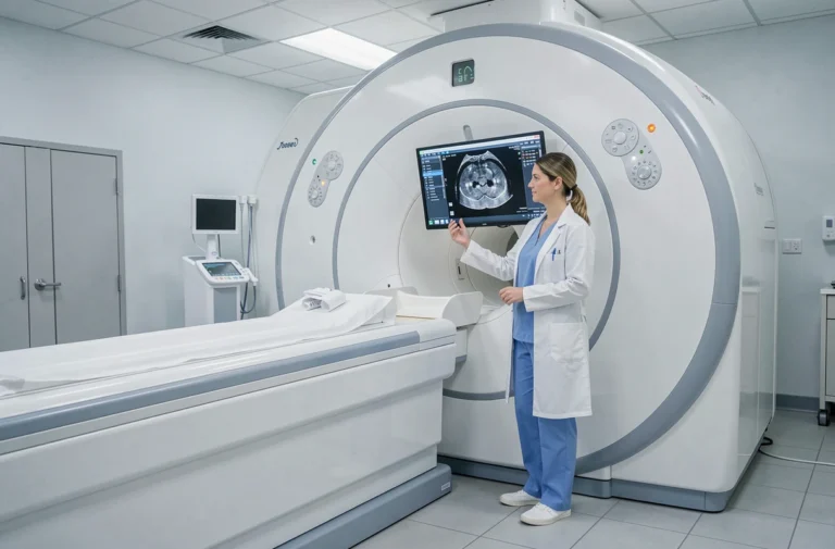 Radiologue féminine examinant une IRM pelvienne sur écran dans une salle d'imagerie médicale hospitalière moderne