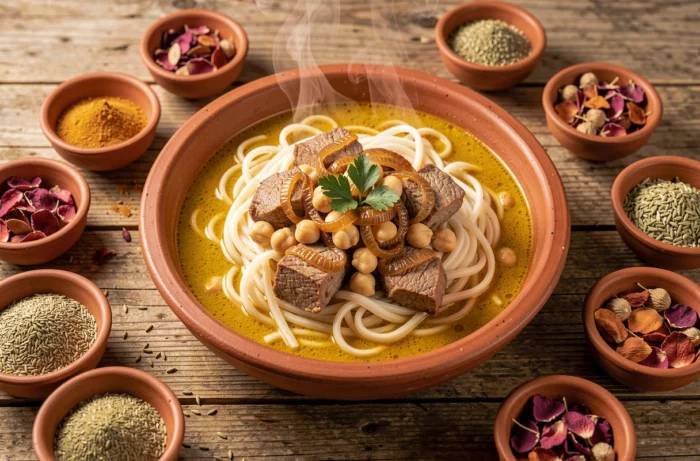 Rechta tunisienne traditionnelle servie dans un bol en argile avec des pâtes plates, de l'agneau mijoté, des pois chiches et un bouillon doré, garnie de persil frais et d'oignons caramélisés