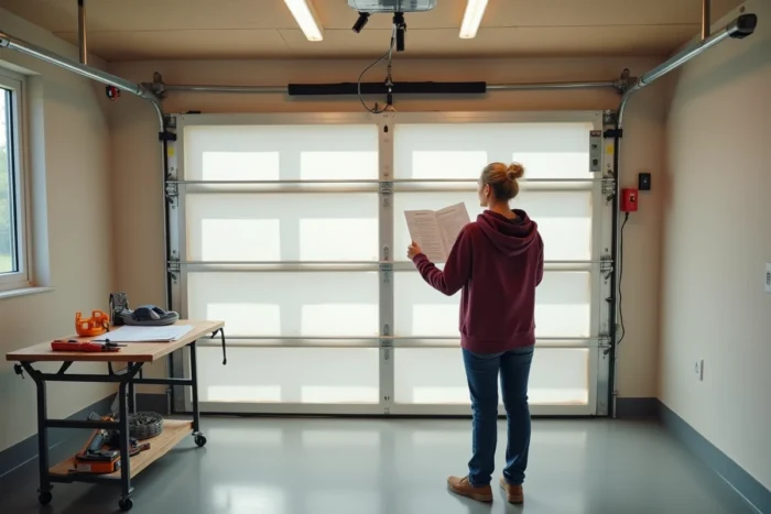 Femme consultant le manuel d'instructions pour régler une porte Hormann sectionnelle dans un garage résidentiel