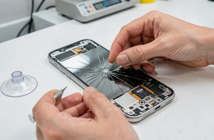 Gros plan de mains remplaçant l'écran fissuré d'un smartphone sur un établi de réparation professionnel avec des outils spécialisés